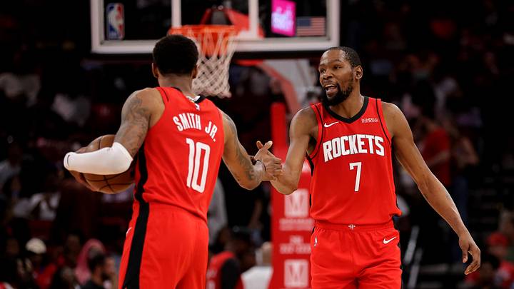 Apr 3, 2026; Houston, Texas, USA; Houston Rockets forward Jabari Smith Jr. (10) congratulates Houston Rockets forward Kevin Durant (7) after a play against the Utah Jazz during the third quarter at Toyota Center. Mandatory Credit: Erik Williams-Imagn Images Apr 3, 2026; Houston, Texas, USA; Houston Rockets forward Jabari Smith Jr. (10) congratulates Houston Rockets forward Kevin Durant (7) after a play against the Utah Jazz during the third quarter at Toyota Center. Mandatory Credit: Erik Williams-Imagn Images