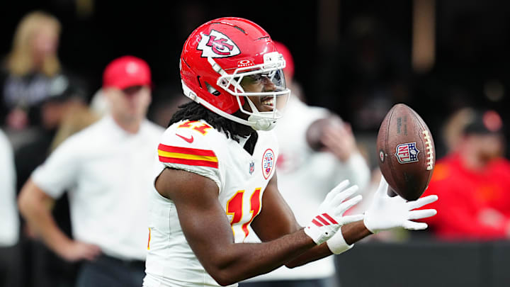 Jan 4, 2026; Paradise, Nevada, USA; Kansas City Chiefs wide receiver Jalen Royals (11) warms up before a game against the Las Vegas Raiders at Allegiant Stadium. Mandatory Credit: Stephen R. Sylvanie-Imagn Images