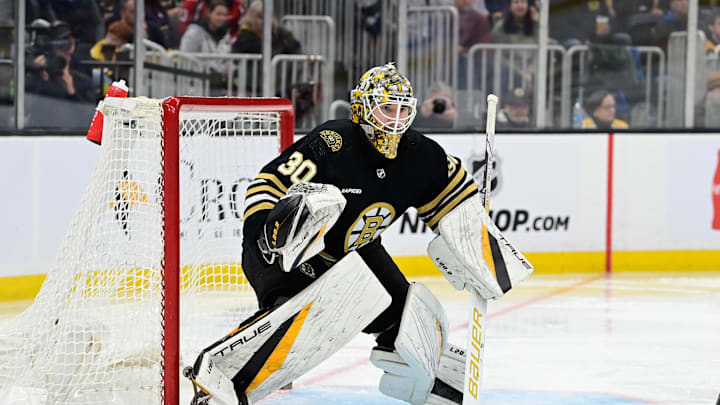 Sep 24, 2023; Boston, Massachusetts, USA; Boston Bruins goalie Brandon Bussi (30)  tends net against the New York Rangers  during the second period at TD Garden. Mandatory Credit: Eric Canha-Imagn Images
