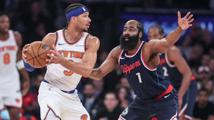 Mar 26, 2025; New York, New York, USA;  New York Knicks guard Josh Hart (3) is guarded by LA Clippers guard James Harden (1) in the first quarter at Madison Square Garden. Mandatory Credit: Wendell Cruz-Imagn Images