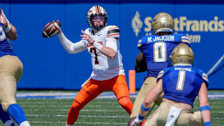Oklahoma State quarterback Alan Bowman (7) passes the ball in the second half during an NCAA football game between Oklahoma State and Tulsa in Tulsa, Okla., on Saturday, Sept. 14, 2024.