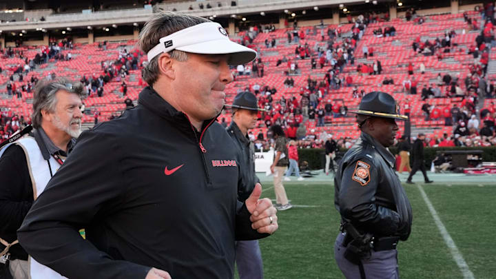 Georgia coach Kirby Smart leaves the field after a NCAA college football game against Massachusetts in Athens, Ga., on Saturday, Nov. 23, 2024. Georgia won 59-21.