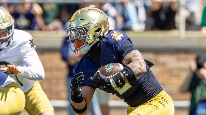 Apr 25, 2026; Notre Dame, IN, USA; Notre Dame Fighting Irish running back Nolan James Jr. (2) runs the ball during the Blue-Gold game at Notre Dame Stadium. Mandatory Credit: Michael Caterina-Imagn Images