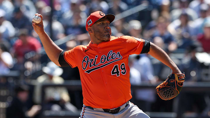 Mar 11, 2025; Tampa, Florida, USA; Baltimore Orioles pitcher Albert Suarez (49) throws a pitch against the New York Yankees in the second inning during spring training at George M. Steinbrenner Field. Mandatory Credit: Nathan Ray Seebeck-Imagn Images