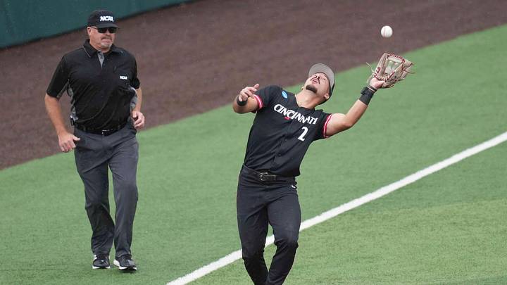 Cincinnati infielder Kerrington Cross (2) catches the ball during a NCAA regional baseball game between Cincinnati and Wake Forest at Lindsey Nelson Stadium in Knoxville, Tenn., on May 30, 2025.