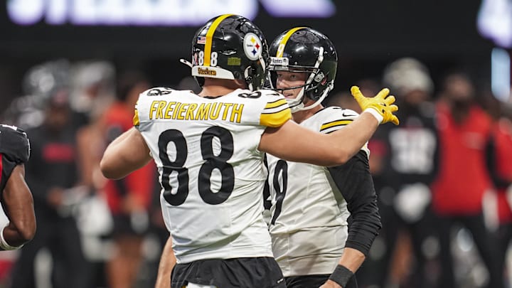Sep 8, 2024; Atlanta, Georgia, USA; Pittsburgh Steelers place kicker Chris Boswell (9) reacts with tight end Pat Freiermuth (88) after kicking a field goal against the Atlanta Falcons during the second half at Mercedes-Benz Stadium. Mandatory Credit: Dale Zanine-Imagn Images