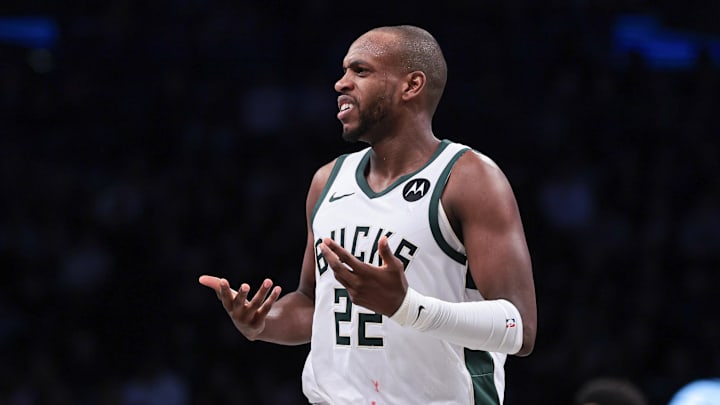 Milwaukee Bucks forward Khris Middleton reacts during the first half against the Brooklyn Nets at Barclays Center on December 27, 2023.