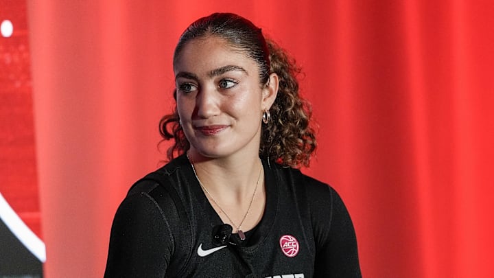 Oct 9, 2024; Charlotte, NC, USA; Stanford forward Brooke Demetre during ACC Media Days at The Hilton Charlotte Uptown. Mandatory Credit: Jim Dedmon-Imagn Images Oct 9, 2024; Charlotte, NC, USA; Stanford forward Brooke Demetre during ACC Media Days at The Hilton Charlotte Uptown. Mandatory Credit: Jim Dedmon-Imagn Images