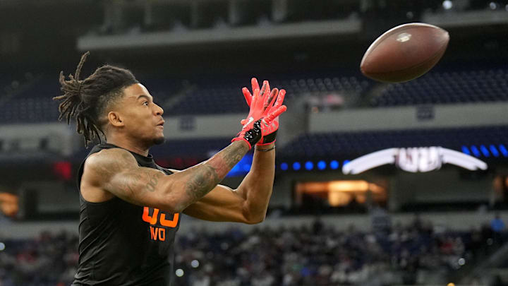 Mar 1, 2025; Indianapolis, IN, USA; Texas wideout Isaiah Bond (WO05) during the 2025 NFL Combine at Lucas Oil Stadium. Mandatory Credit: Kirby Lee-Imagn Images