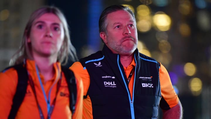 Nov 16, 2023; Las Vegas, Nevada, USA; McLaren F1 Team team boss Zak Brown arrives before free practice at Las Vegas Strip Circuit. Mandatory Credit: Gary A. Vasquez-USA TODAY Sports