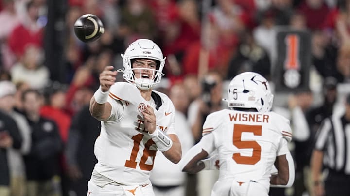 Nov 15, 2025; Athens, Georgia, USA; Texas Longhorns quarterback Arch Manning (16) looks to make a pass during the first half against the Georgia Bulldogs at Sanford Stadium. Mandatory Credit: Dale Zanine-Imagn Images