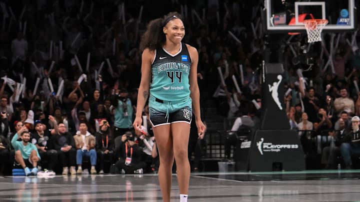 Sep 26, 2023; Brooklyn, New York, USA; New York Liberty forward Betnijah Laney (44) reacts after scoring a basket against the Connecticut Sun during the second half of game two of the 2023 WNBA Playoffs at Barclays Center. Mandatory Credit: John Jones-Imagn Images