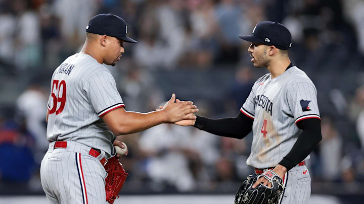 Apr 14, 2023; Bronx, New York, USA; Minnesota Twins relief pitcher Jhoan Duran (59) celebrates with Apr 14, 2023; Bronx, New York, USA; Minnesota Twins relief pitcher Jhoan Duran (59) celebrates with