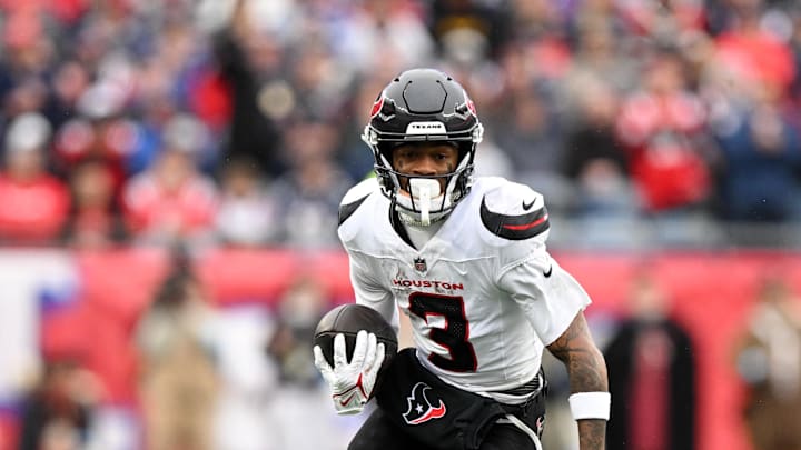 Oct 13, 2024; Foxborough, Massachusetts, USA; Houston Texans wide receiver Tank Dell (3) rushes against the New England Patriots during the second half at Gillette Stadium. Mandatory Credit: Brian Fluharty-Imagn Images