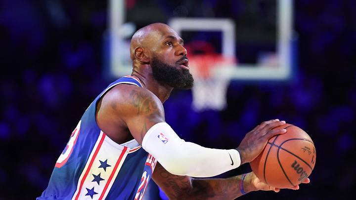 Philadelphia 76ers forward LeBron James (23) shoots against the Cleveland Cavaliers during the first quarter at Xfinity Mobile Arena on Oct. 22, 2026.