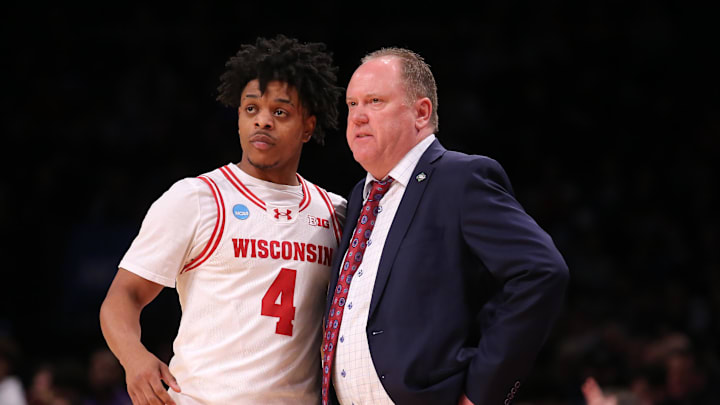 Mar 22, 2024; Brooklyn, NY, USA; Wisconsin Badgers head coach Greg Gard talks with guard Kamari