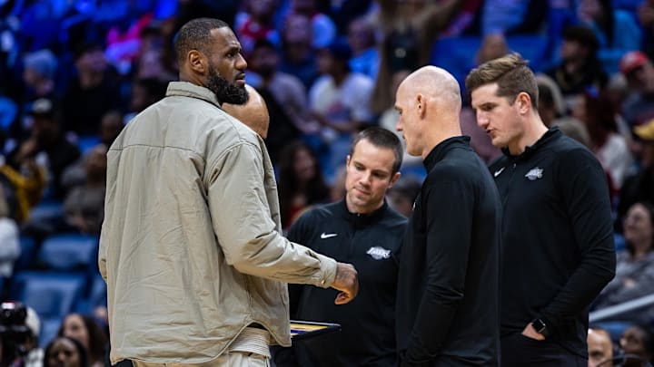 Mar 14, 2023; New Orleans, Louisiana, USA; Los Angeles Lakers forward LeBron James (6) looks over at