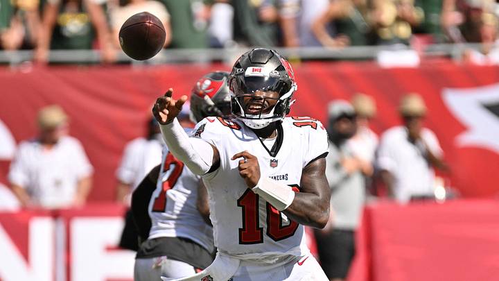 Oct 4, 2026; Tampa, Florida, USA;  Tampa Bay Buccaneers quarterback Jalon Daniels (10) throws the ball during the game against the Green Bay Packers at Raymond James Stadium.  Mandatory Credit: Jonathan Dyer-Imagn Images