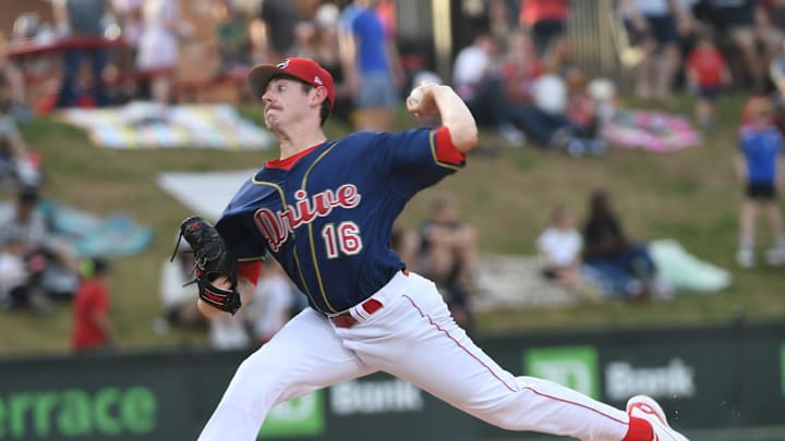 The Greenville Drive took on the Bowling Green Hot Rods at Fluor Field on April 4, 2025.This was the opening day of the season and the 20h Anniversary of the Drive at the park. Greenville Drive's Hayden Mullins (16) on the mound.