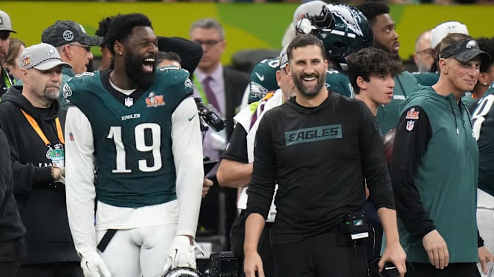Feb 9, 2025; New Orleans, LA, USA; Philadelphia Eagles head coach Nick Sirianni reacts with linebacker Josh Sweat (19) during the fourth quarter against the Kansas City Chiefs in Super Bowl LIX at Caesars Superdome. Mandatory Credit: Kirby Lee-Imagn Images