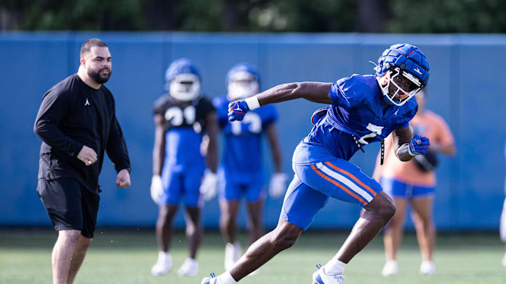 Florida Gators defensive back Trikweze Bridges (7) runs during a play during spring football practice at Heavener Football Complex at the University of Florida in Gainesville, FL on Tuesday, April 2, 2024. [Matt Pendleton/Gainesville Sun]