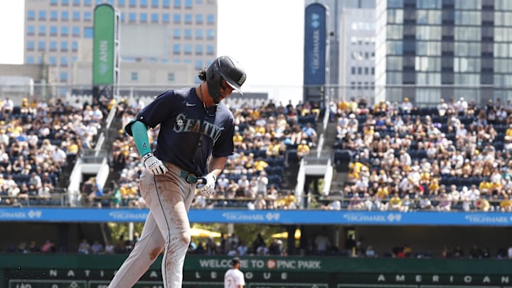 Seattle Mariners third baseman Josh Rojas (4) circles the bases on a solo home run against the Pittsburgh Pirates during the fourth inning at PNC Park on Aug 18.