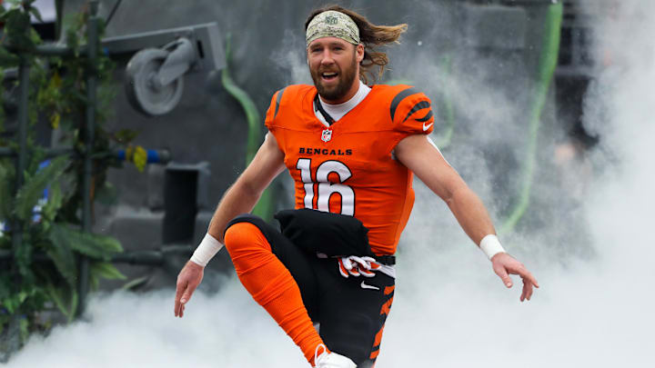 Nov 26, 2023; Cincinnati, Ohio, USA;  Cincinnati Bengals wide receiver Trenton Irwin (16) celebrates during introductions before the first quarter against the Pittsburgh Steelers at Paycor Stadium. Mandatory Credit: Joseph Maiorana-Imagn Images