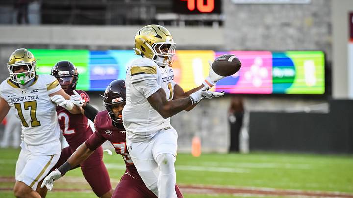 Oct 17, 2026; Blacksburg, Virginia, USA; Georgia Tech Yellow Jackets running back Trelain Maddox (1) catches a pass against the Virginia Tech Hokies during the third quarter at Lane Stadium. Mandatory Credit: Brian Bishop-Imagn Images Oct 17, 2026; Blacksburg, Virginia, USA; Georgia Tech Yellow Jackets running back Trelain Maddox (1) catches a pass against the Virginia Tech Hokies during the third quarter at Lane Stadium. Mandatory Credit: Brian Bishop-Imagn Images
