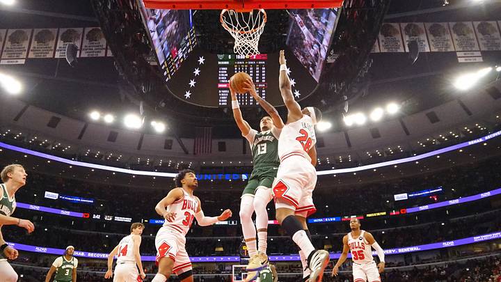 Mar 1, 2026; Chicago, Illinois, USA; Chicago Bulls forward Guerschon Yabusele (28) defends Milwaukee Bucks guard Ryan Rollins (13) during the first half at United Center. Mandatory Credit: David Banks-Imagn Images Mar 1, 2026; Chicago, Illinois, USA; Chicago Bulls forward Guerschon Yabusele (28) defends Milwaukee Bucks guard Ryan Rollins (13) during the first half at United Center. Mandatory Credit: David Banks-Imagn Images