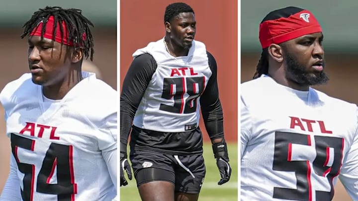 Atlanta Falcons Rookie DL Ruke Orhorhoro (98), Brandon Dorlus (54), Zion Logue (59) 