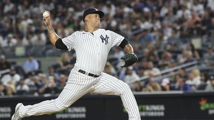Sep 9, 2022; Bronx, New York, USA;  New York Yankees starting pitcher Frankie Montas (47) pitches in a game against the Tampa Bay Rays