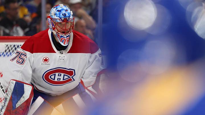 May 8, 2026; Buffalo, New York, USA; Montréal Canadiens goaltender Jakub Dobes (75) waits for the face-off during the second period against the Buffalo Sabres in game two of the second round of the 2026 Stanley Cup Playoffs at KeyBank Center. Mandatory Credit: Timothy T. Ludwig-Imagn Images