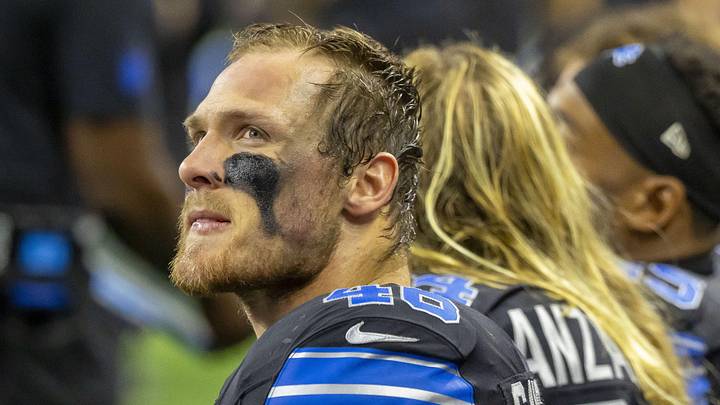 Oct 20, 2025; Detroit, Michigan, USA; Detroit Lions linebacker Jack Campbell (46) sits on the bench against the Tampa Bay Buccaneers during the second half at Ford Field. Mandatory Credit: David Reginek-Imagn Images