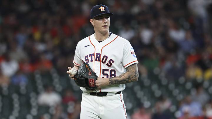 Jun 16, 2026; Houston, Texas, USA; Houston Astros starting pitcher Hunter Brown (58) prepares for the first pitch before the game against the Detroit Tigers at Daikin Park. Mandatory Credit: Troy Taormina-Imagn Images