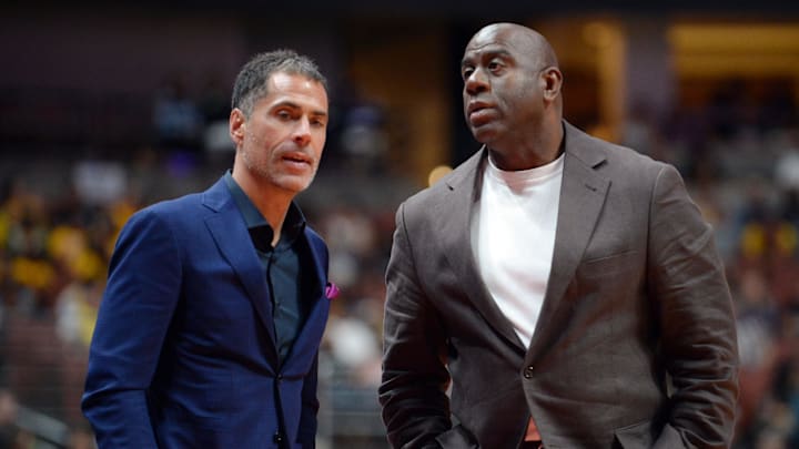 October 6, 2018; Los Angeles, CA, USA; Los Angeles Lakers general manager Rob Pelinka speaks with president of basketball operations Magic Johnson at Honda Center. Mandatory Credit: Gary A. Vasquez-Imagn Images October 6, 2018; Los Angeles, CA, USA; Los Angeles Lakers general manager Rob Pelinka speaks with president of basketball operations Magic Johnson at Honda Center. Mandatory Credit: Gary A. Vasquez-Imagn Images
