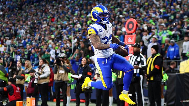 Los Angeles Rams running back Kyren Williams (23) celebrates after scoring a touchdown against the Seattle Seahawks during the first half in the 2026 NFC Championship Game at Lumen Field. Los Angeles Rams running back Kyren Williams (23) celebrates after scoring a touchdown against the Seattle Seahawks during the first half in the 2026 NFC Championship Game at Lumen Field.