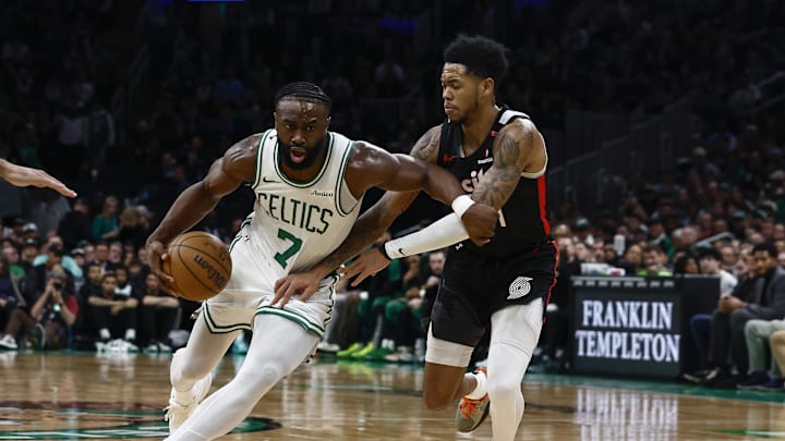Mar 5, 2025; Boston, Massachusetts, USA; Boston Celtics guard Jaylen Brown (7) drives on Portland Trail Blazers guard Anfernee Simons (1) during the first quarter at TD Garden. Mandatory Credit: Winslow Townson-Imagn Images Mar 5, 2025; Boston, Massachusetts, USA; Boston Celtics guard Jaylen Brown (7) drives on Portland Trail Blazers guard Anfernee Simons (1) during the first quarter at TD Garden. Mandatory Credit: Winslow Townson-Imagn Images