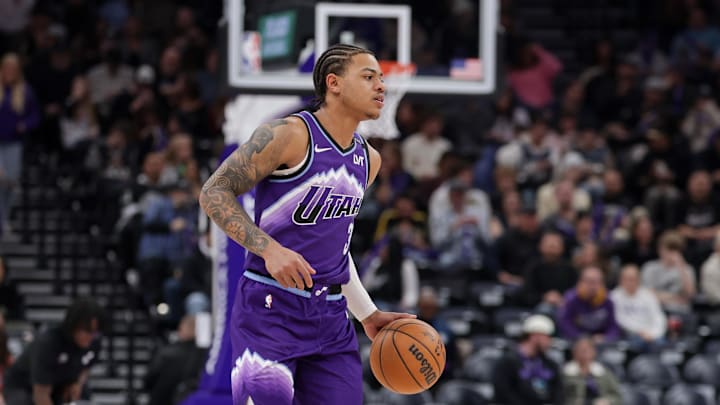 Jan 24, 2026; Salt Lake City, Utah, USA;  Utah Jazz guard Keyonte George (3) controls the ball during the second half against the Miami Heat at Delta Center. Mandatory Credit: Chris Nicoll-Imagn Images