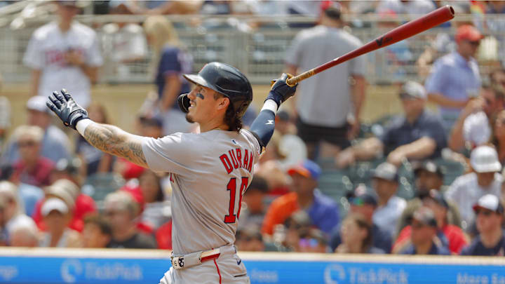Jul 30, 2025; Minneapolis, Minnesota, USA; Boston Red Sox center fielder Jarren Duran (16) hits a two run home run against the Minnesota Twins in the sixth inning at Target Field. Mandatory Credit: Bruce Kluckhohn-Imagn Images Jul 30, 2025; Minneapolis, Minnesota, USA; Boston Red Sox center fielder Jarren Duran (16) hits a two run home run against the Minnesota Twins in the sixth inning at Target Field. Mandatory Credit: Bruce Kluckhohn-Imagn Images