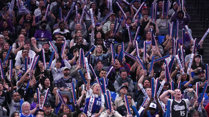 Apr 14, 2024; Sacramento, California, USA; Sacramento Kings fans cheer during action against the Apr 14, 2024; Sacramento, California, USA; Sacramento Kings fans cheer during action against the