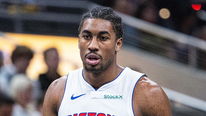 Nov 29, 2024; Indianapolis, Indiana, USA; Detroit Pistons guard Jaden Ivey (23)  in the first half against the Indiana Pacers at Gainbridge Fieldhouse. Mandatory Credit: Trevor Ruszkowski-Imagn Images