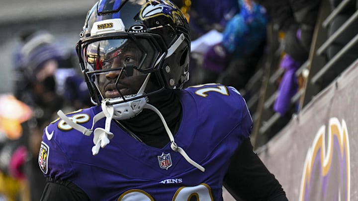 Jan 4, 2025; Baltimore, Maryland, USA;  Baltimore Ravens safety Sanoussi Kane (28) takes the field before the game against the Cleveland Browns at M&T Bank Stadium. Mandatory Credit: Tommy Gilligan-Imagn Images