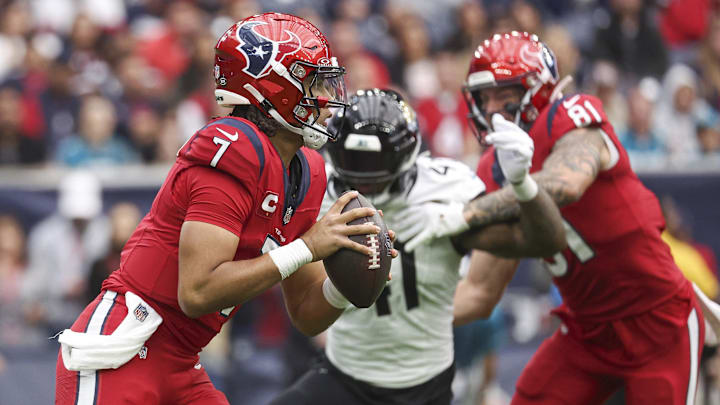 Nov 26, 2023; Houston, Texas, USA; Houston Texans quarterback C.J. Stroud (7) looks for an open receiver during the second quarter against the Jacksonville Jaguars at NRG Stadium. Mandatory Credit: Troy Taormina-Imagn Images Nov 26, 2023; Houston, Texas, USA; Houston Texans quarterback C.J. Stroud (7) looks for an open receiver during the second quarter against the Jacksonville Jaguars at NRG Stadium. Mandatory Credit: Troy Taormina-Imagn Images