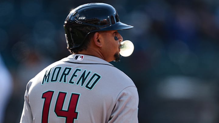 Apr 7, 2026; New York City, New York, USA; Arizona Diamondbacks catcher Gabriel Moreno (14) blows a bubble during the fifth inning against the New York Mets  at Citi Field. Mandatory Credit: Vincent Carchietta-Imagn Images