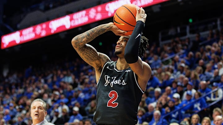 Nov 20, 2023; Lexington, Kentucky, USA; Saint Joseph's Hawks guard Erik Reynolds II (2) shoots the ball during the first half against the Kentucky Wildcats at Rupp Arena at Central Bank Center. Nov 20, 2023; Lexington, Kentucky, USA; Saint Joseph's Hawks guard Erik Reynolds II (2) shoots the ball during the first half against the Kentucky Wildcats at Rupp Arena at Central Bank Center.