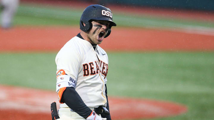 Oregon State's Bryce Hubbard celebrates hitting a solo home run during an NCAA college baseball game at Goss Stadium on Friday, March 6, 2026, in Corvallis, Ore. Oregon State's Bryce Hubbard celebrates hitting a solo home run during an NCAA college baseball game at Goss Stadium on Friday, March 6, 2026, in Corvallis, Ore.