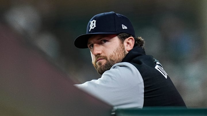 Detroit Tigers pitcher Casey Mize (12) watches a play against Kansas City Royals from the dugout during the sixth inning at Comerica Park in Detroit on Thursday, April 17, 2025