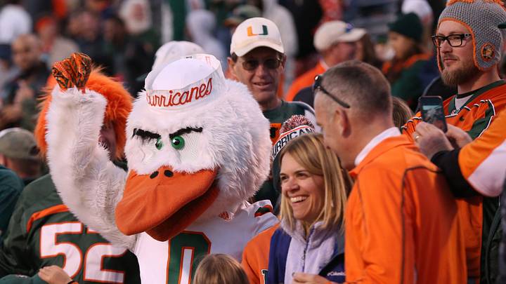 Nov 12, 2016; Charlottesville, VA, USA; Miami Hurricanes mascot Sebastian the Ibis cheers in the stands with fans against the Virginia Cavaliers in the fourth quarter at Scott Stadium. The Hurricanes won 34-14. Mandatory Credit: Geoff Burke-USA TODAY Sports Nov 12, 2016; Charlottesville, VA, USA; Miami Hurricanes mascot Sebastian the Ibis cheers in the stands with fans against the Virginia Cavaliers in the fourth quarter at Scott Stadium. The Hurricanes won 34-14. Mandatory Credit: Geoff Burke-USA TODAY Sports