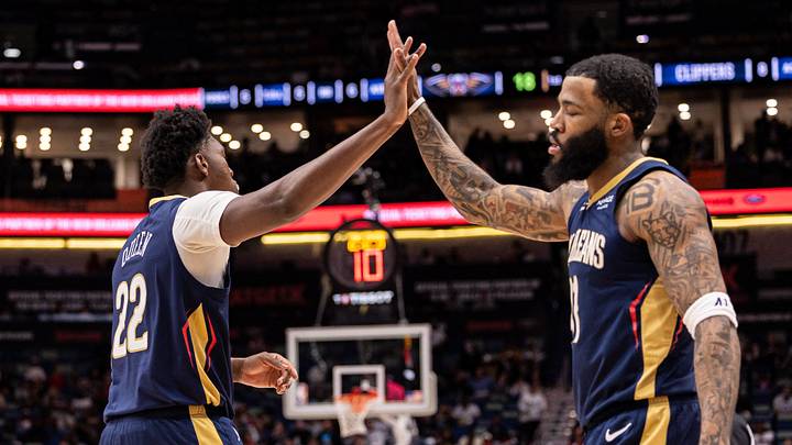 Mar 18, 2026; New Orleans, Louisiana, USA; New Orleans Pelicans center Derik Queen (22) slaps hands with guard/forward Saddiq Bey (41) against the LA Clippers during first half at Smoothie King Center. Mandatory Credit: Stephen Lew-Imagn Images Mar 18, 2026; New Orleans, Louisiana, USA; New Orleans Pelicans center Derik Queen (22) slaps hands with guard/forward Saddiq Bey (41) against the LA Clippers during first half at Smoothie King Center. Mandatory Credit: Stephen Lew-Imagn Images