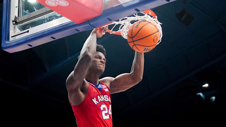 Mar 5, 2024; Lawrence, Kansas, USA; Kansas Jayhawks guard Kevin McCullar Jr. (15) dunks the ball against the Kansas State Wildcats during the second half at Allen Fieldhouse. Mandatory Credit: Denny Medley-USA TODAY Sports Mar 5, 2024; Lawrence, Kansas, USA; Kansas Jayhawks guard Kevin McCullar Jr. (15) dunks the ball against the Kansas State Wildcats during the second half at Allen Fieldhouse. Mandatory Credit: Denny Medley-USA TODAY Sports